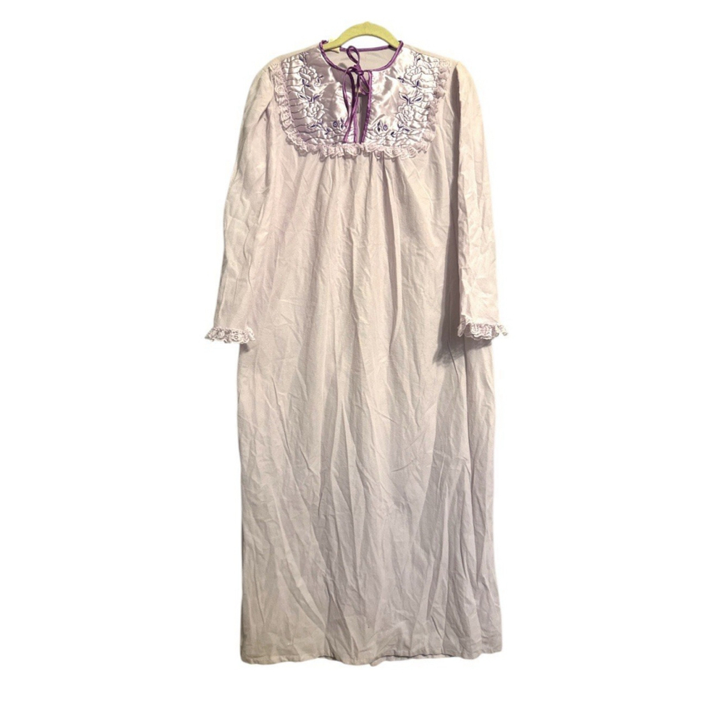 Vintage Long Embroidered Satin Nightgown Lavender Purple Ties At Neck Size med